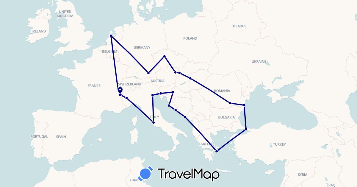 TravelMap itinerary: driving in Austria, Switzerland, Czech Republic, Germany, France, Greece, Croatia, Hungary, Italy, Netherlands, Romania, Slovakia, Turkey (Asia, Europe)